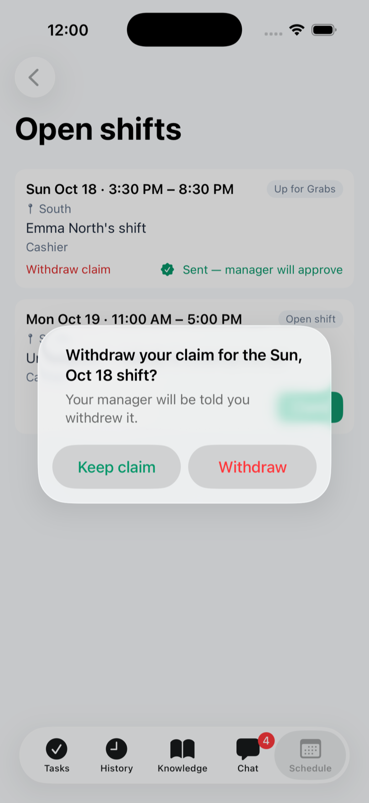 The confirmation in the app: Withdraw your claim for the Sun, Oct 18 shift? Your manager will be told you withdrew it, with Keep claim and Withdraw buttons