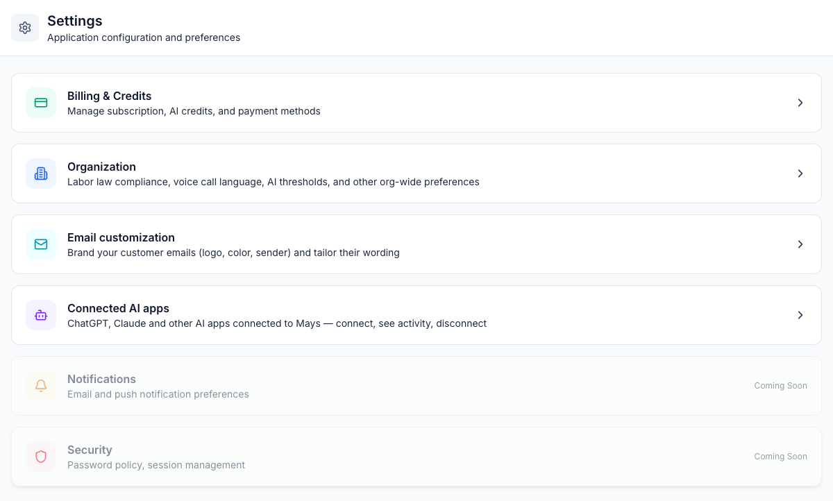 The Settings page with the Billing & Credits, Organization, Email customization and Connected AI apps cards, and Notifications and Security marked Coming Soon
