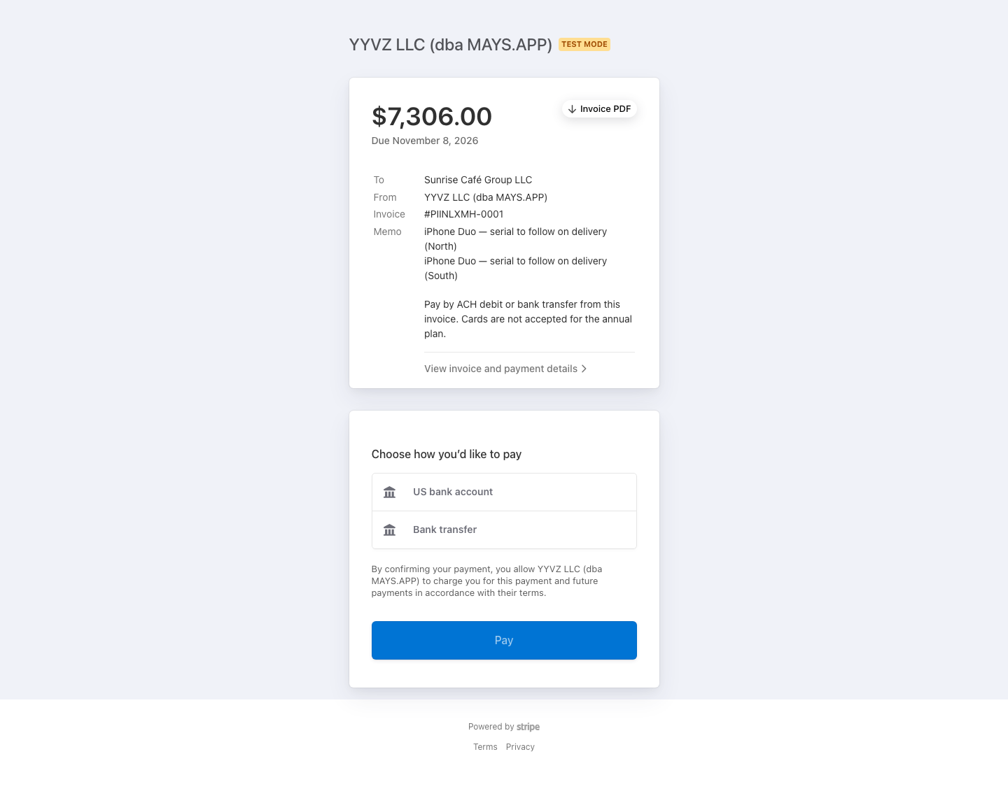 The invoice page for $7,306.00, due in 14 days, with the memo saying cards are not accepted for the annual plan and the two ways to pay: US bank account and Bank transfer