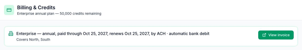 Settings → Billing with the Enterprise annual plan: paid through Oct 25, 2027, renews Oct 25, 2027, by ACH with automatic bank debit, covering North and South, with the View invoice button