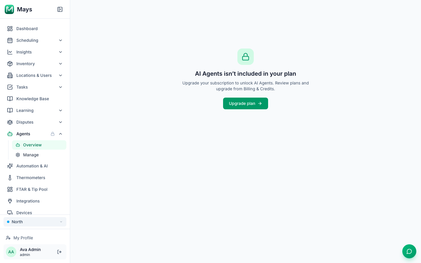 The AI Agents page with a lock next to Agents in the sidebar, the message AI Agents isn't included in your plan, Upgrade your subscription to unlock AI Agents. Review plans and upgrade from Billing & Credits, and the Upgrade plan button