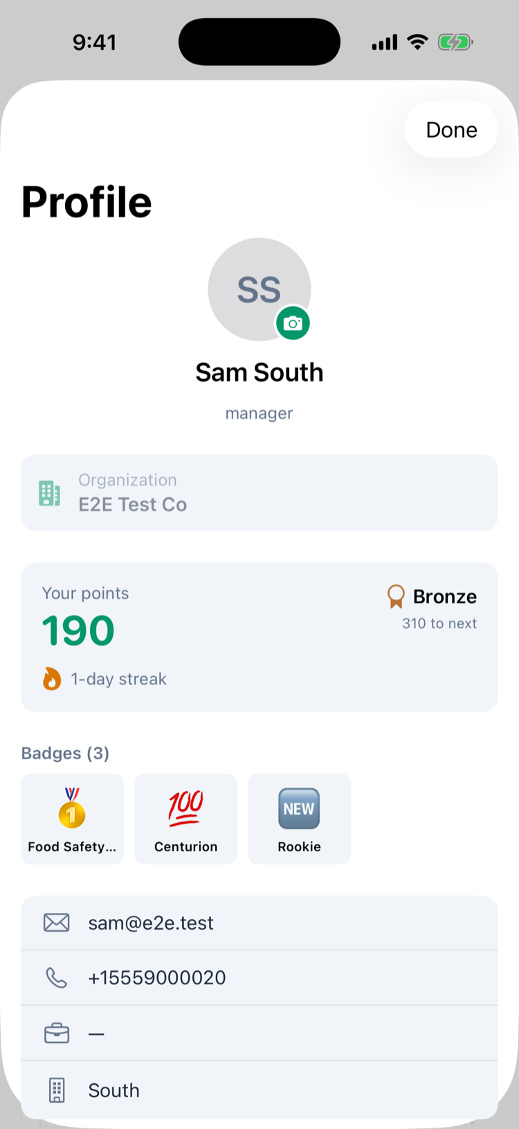 Profile on iPhone with the points card: Your points 190, Bronze, 310 to next, a 1-day streak, and Badges (3): Food Safety Pro, Centurion and Rookie