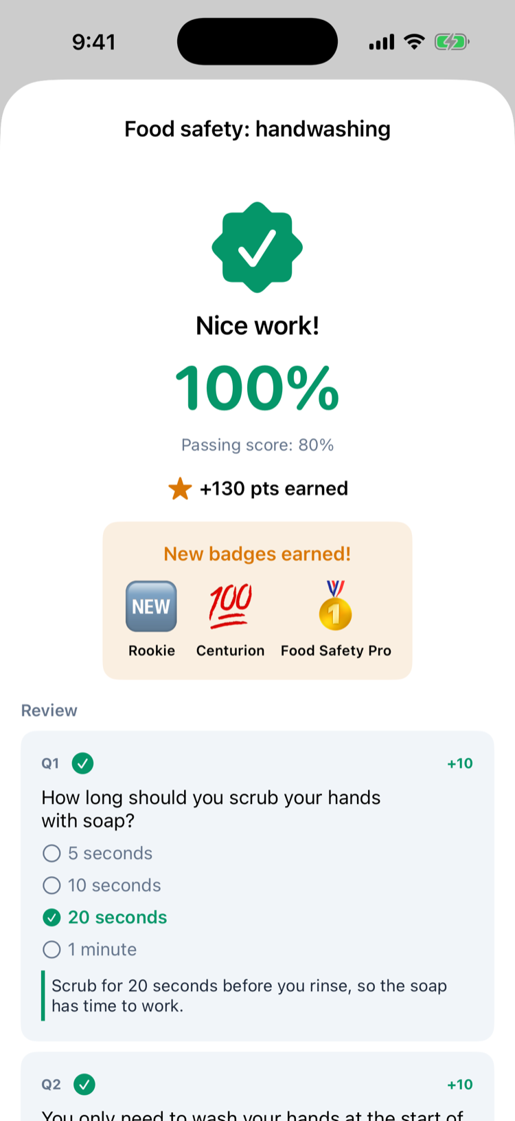 A passed quiz on iPhone: Nice work!, 100%, +130 pts earned, and New badges earned: Rookie, Centurion and Food Safety Pro, above the review of each question