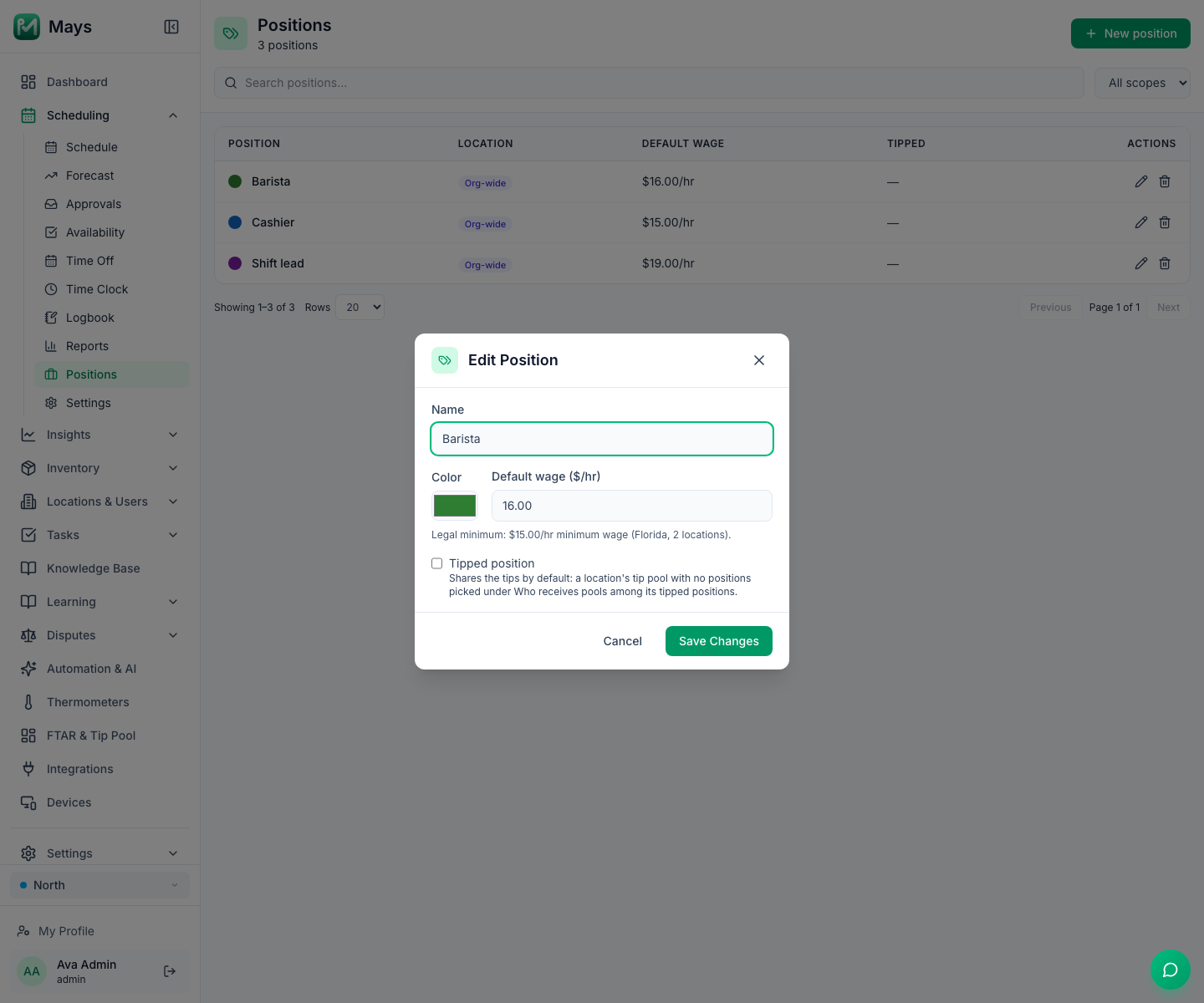 The Edit Position dialog for the org-wide Barista position with Default wage 16.00 and, under the field, the line Legal minimum: $15.00/hr minimum wage (Florida, 2 locations).