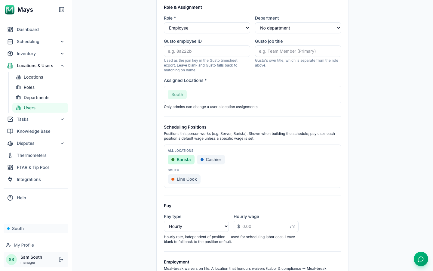 A team member's page with the Scheduling Positions section — Barista selected under All locations, Cashier and Line Cook under South — and the Pay section with Pay type Hourly and an empty Hourly wage