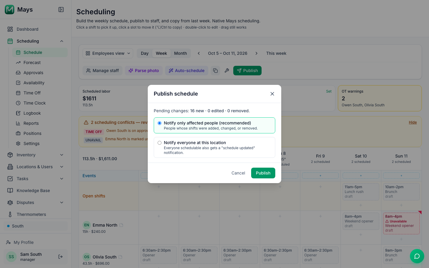 The Publish schedule window with Pending changes: 16 new · 0 edited · 0 removed, the Notify only affected people (recommended) option selected, Notify everyone at this location below it, and the Cancel and Publish buttons