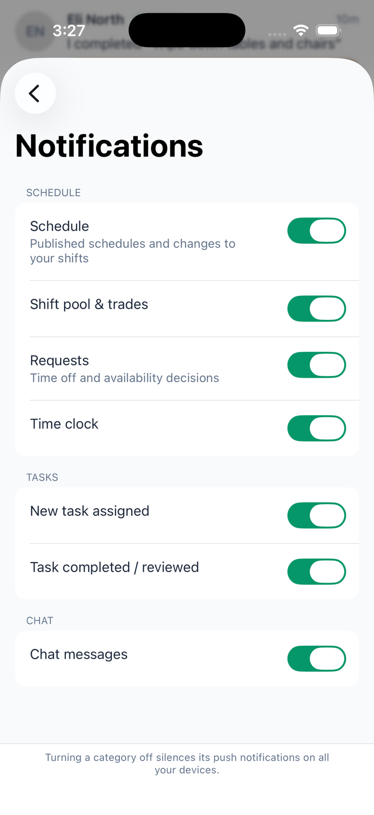 The Notifications settings screen: Schedule, Shift pool & trades, Requests and Time clock under Schedule; New task assigned and Task completed / reviewed under Tasks; Chat messages under Chat; all switched on