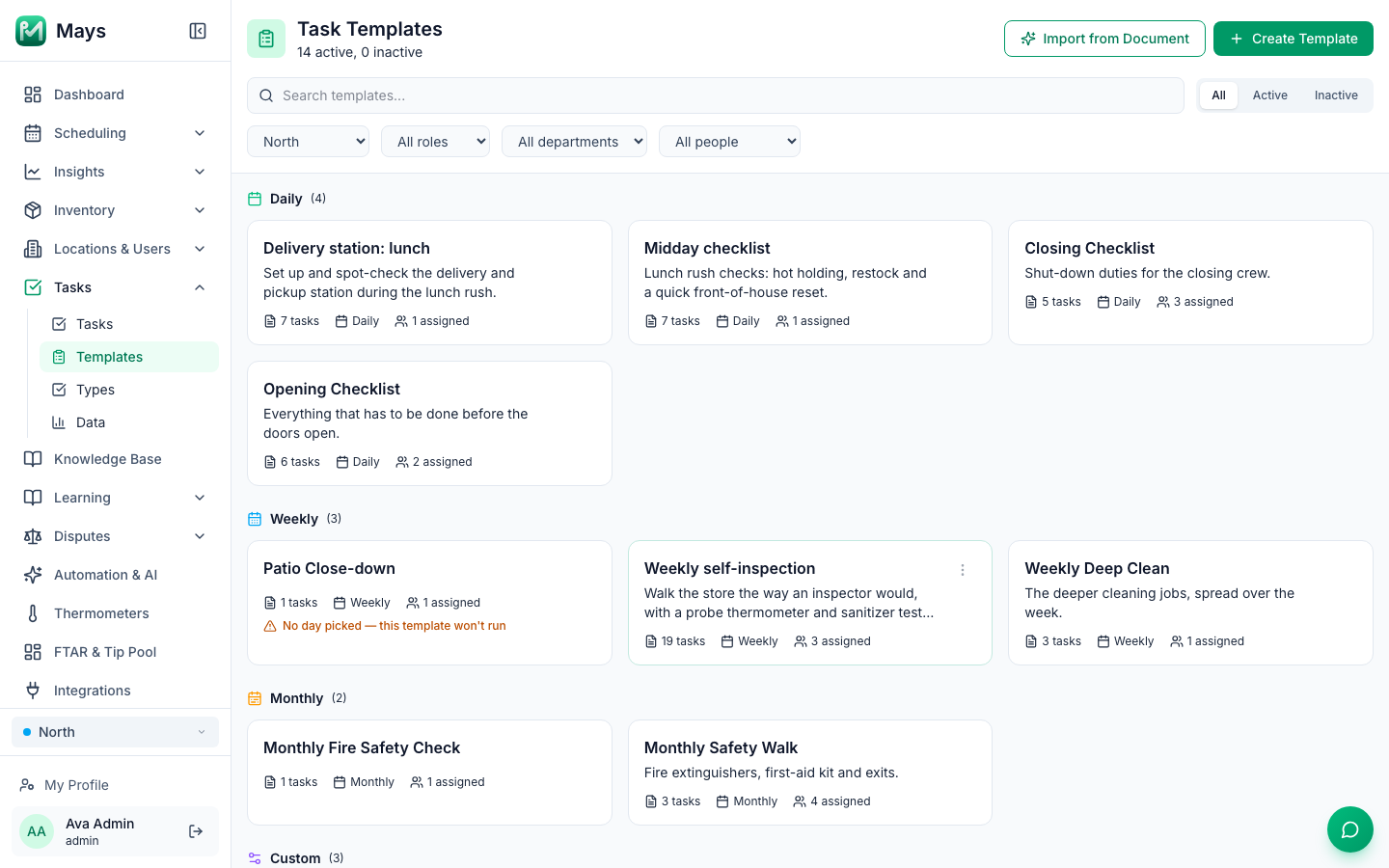 The Task Templates page with a Weekly template called Patio Close-down whose card shows the warning No day picked — this template won't run