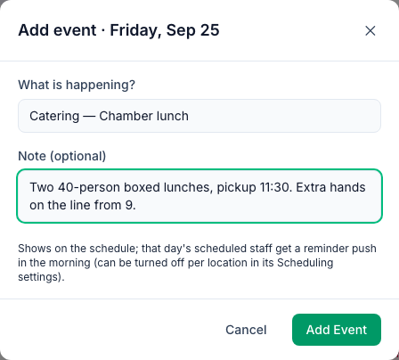 The Add event · Friday, Sep 25 window: What is happening? Catering — Chamber lunch, the note Two 40-person boxed lunches, pickup 11:30. Extra hands on the line from 9., and the Cancel and Add Event buttons