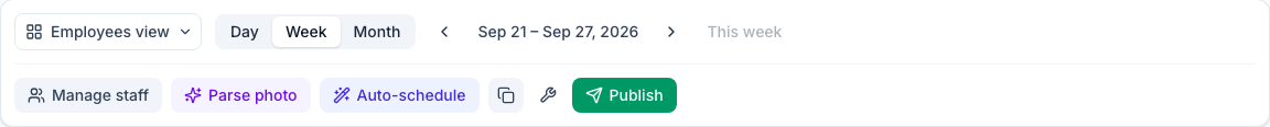 The Schedule toolbar with the Employees view, Day, Week and Month, the week Sep 21 – Sep 27, 2026, and the Manage staff, Parse photo, Auto-schedule, copy week, tools and Publish buttons