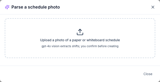 The Parse a schedule photo window with the upload box Upload a photo of a paper or whiteboard schedule and a Close button