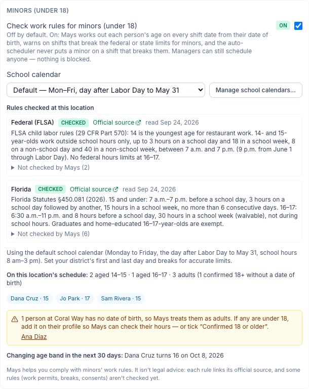 The Minors group switched on for Coral Way in Florida: the federal and Florida rules with their official sources, the default school calendar note, 2 aged 14–15 and 1 aged 16–17 on the schedule, one person with no date of birth, and Dana Cruz turning 16 on Oct 8