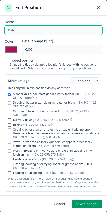 The Edit Position dialog for Deli: Minimum age 18 or older, with Meat or deli slicer, meat grinder, patty former ticked among the federal tasks list