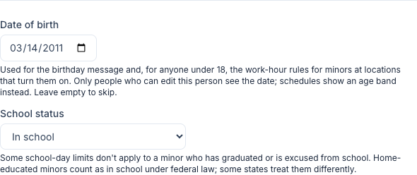 The Date of birth section of Sam Rivera's profile, as an admin sees it: 03/14/2011, the note on who sees the date, and School status In school