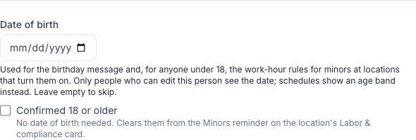 The Date of birth section of a profile with no date of birth, with the Confirmed 18 or older checkbox