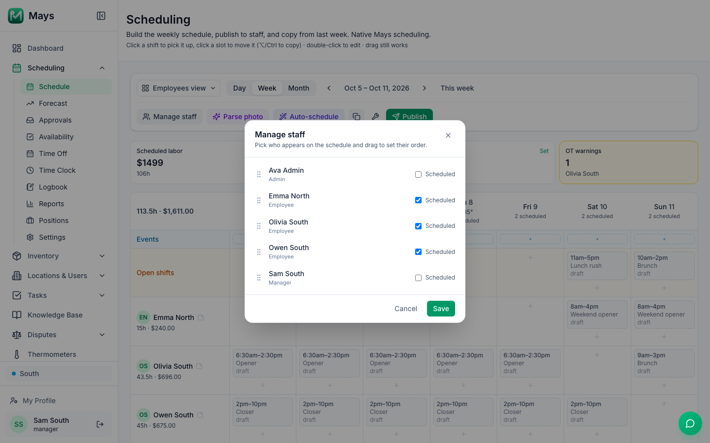 The Manage staff dialog listing Ava Admin, Emma North, Olivia South, Owen South and Sam South with drag handles and a Scheduled checkbox, ticked for the three employees