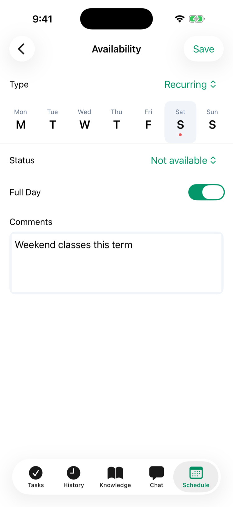 The Availability editor on iPhone: Type Recurring, the Mon–Sun day strip with Sat selected and marked with a red dot, Status Not available, Full Day on, and the comment Weekend classes this term, with Save at the top