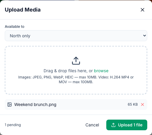 The Upload Media window: Available to North only, the drag-and-drop area listing the accepted formats and sizes, Weekend brunch.png (65 KB) waiting, and Upload 1 file
