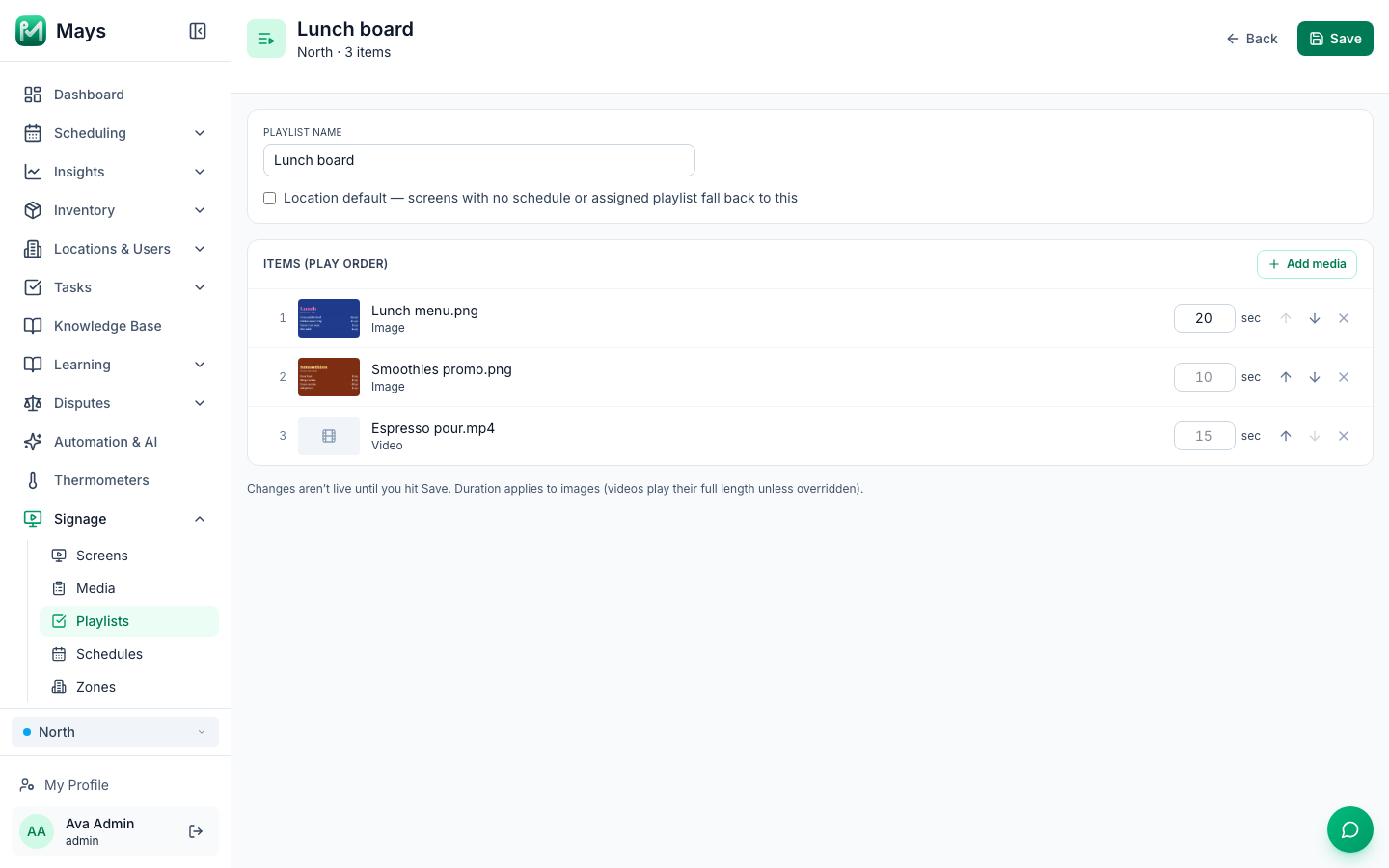 The Lunch board playlist for North with 3 items: Lunch menu.png for 20 seconds, Smoothies promo.png and Espresso pour.mp4, each with up, down and remove buttons, Add media, the Location default box, and Save