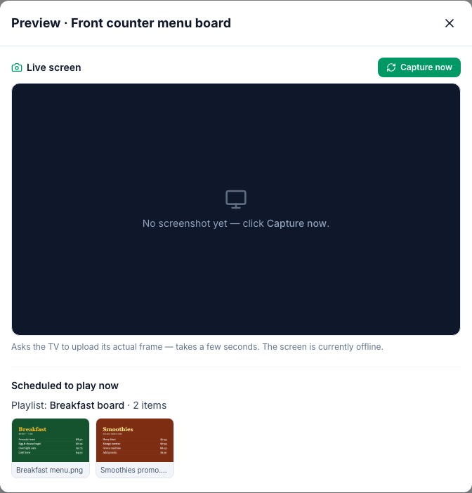 The Preview window for Front counter menu board: Live screen with No screenshot yet — click Capture now, and Scheduled to play now: Playlist Breakfast board, 2 items, Breakfast menu.png and Smoothies promo.png