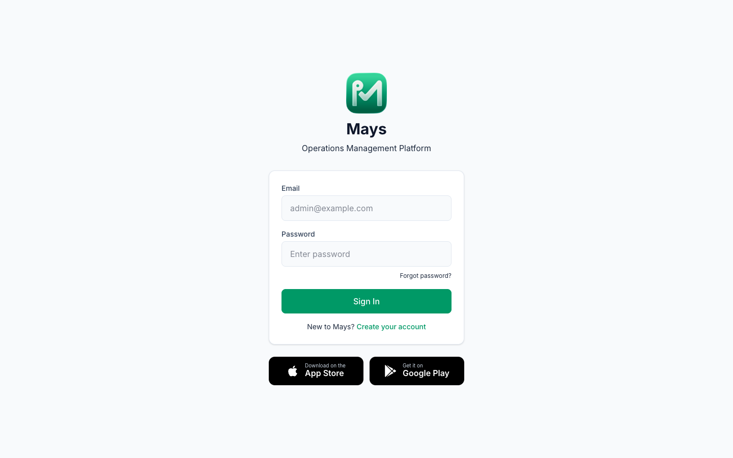 The Mays sign-in page with Email and Password fields, the Forgot password? link, the Sign In button and the App Store and Google Play badges