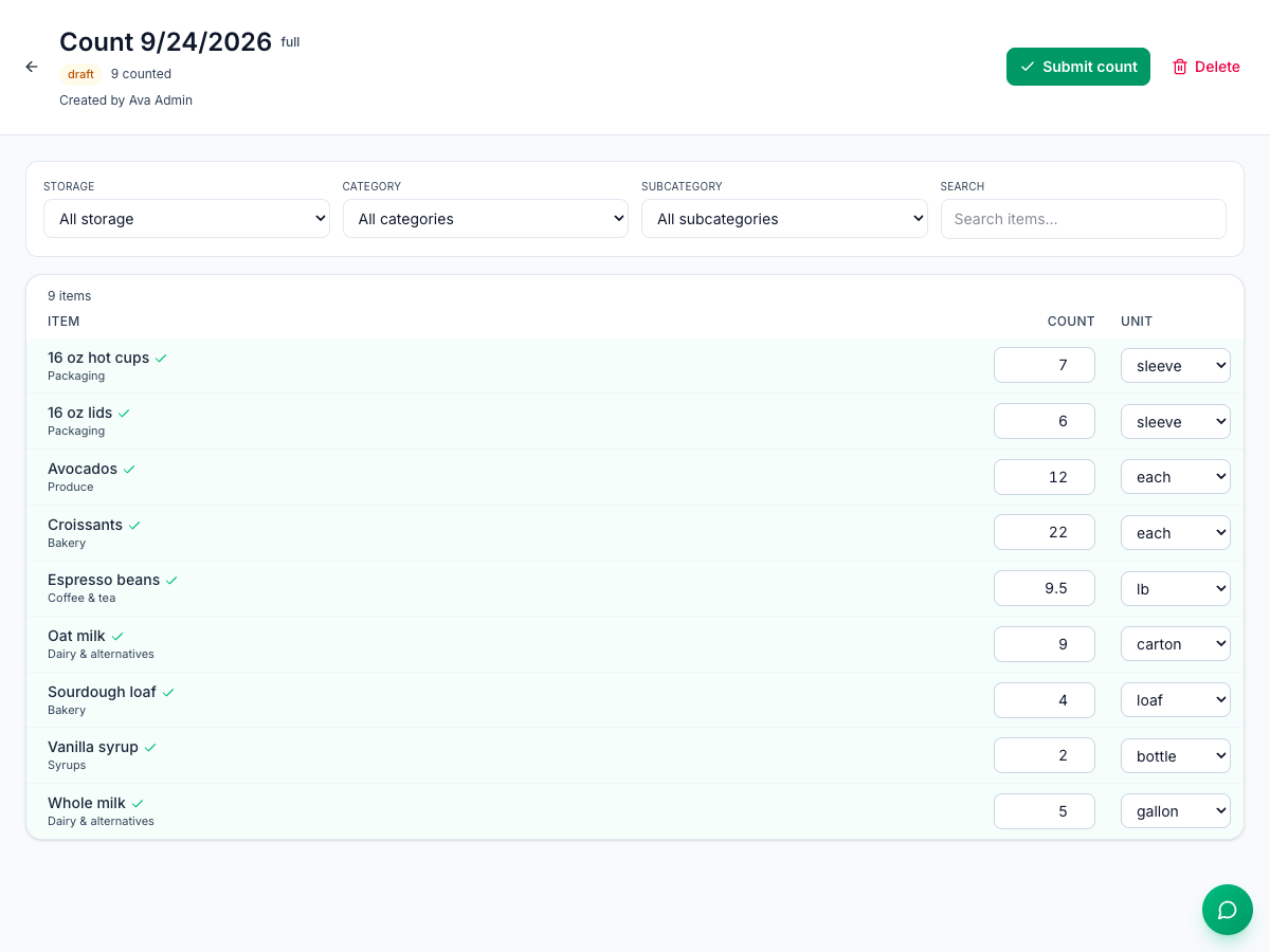 A full count in progress: Storage, Category, Subcategory and Search filters, and nine items each with a count and a unit, all ticked as counted, with the Submit count button at the top
