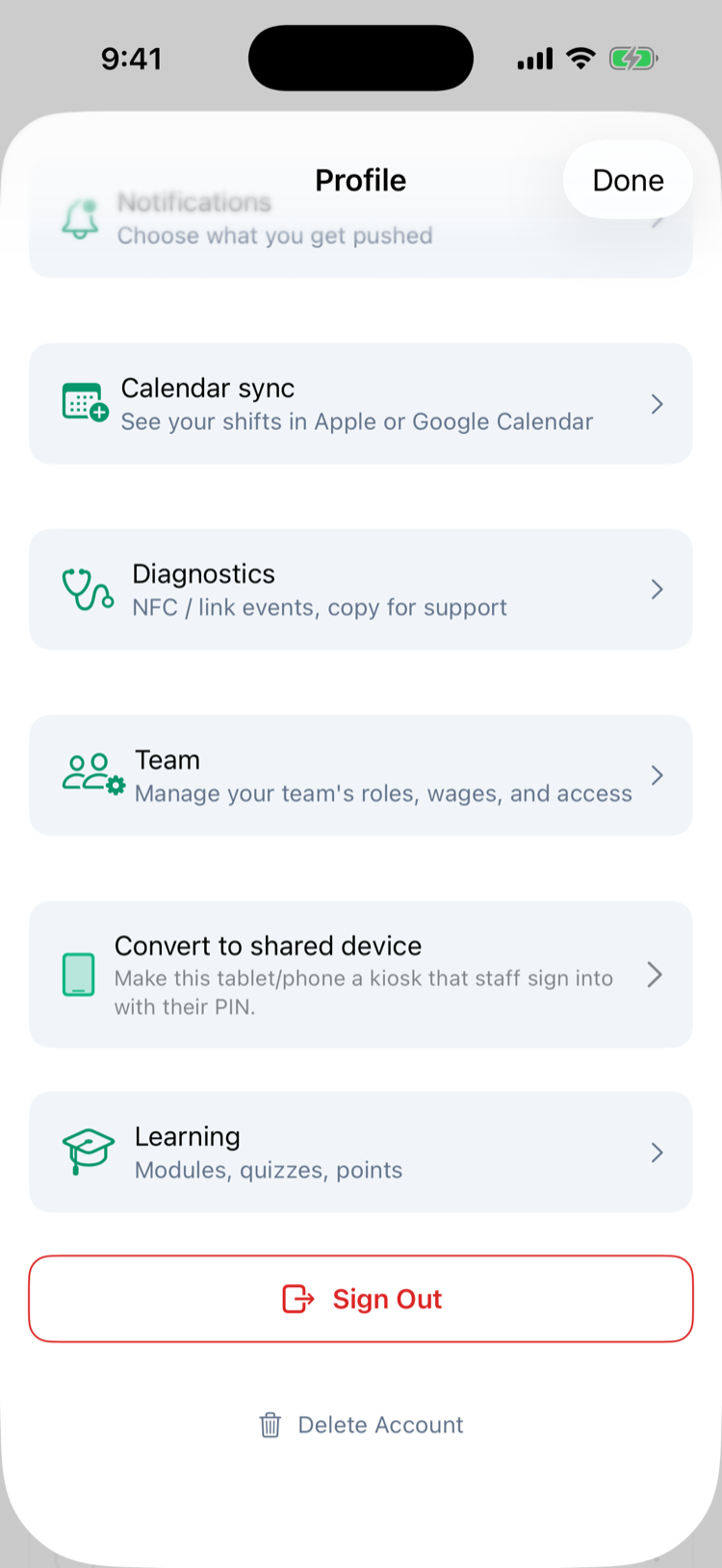 The bottom of Profile on iPhone with Calendar sync, Diagnostics, Team, Convert to shared device and the Learning row, Modules, quizzes, points, above Sign Out