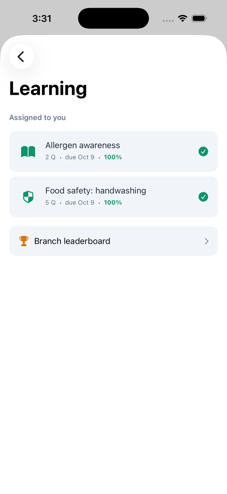 Learning in the iPhone app: Assigned to you with Allergen awareness, 2 Q · due Oct 9 · 100%, and Food safety: handwashing, marked with a shield, 5 Q · due Oct 9 · 100%, both with a green tick, and the Branch leaderboard row below
