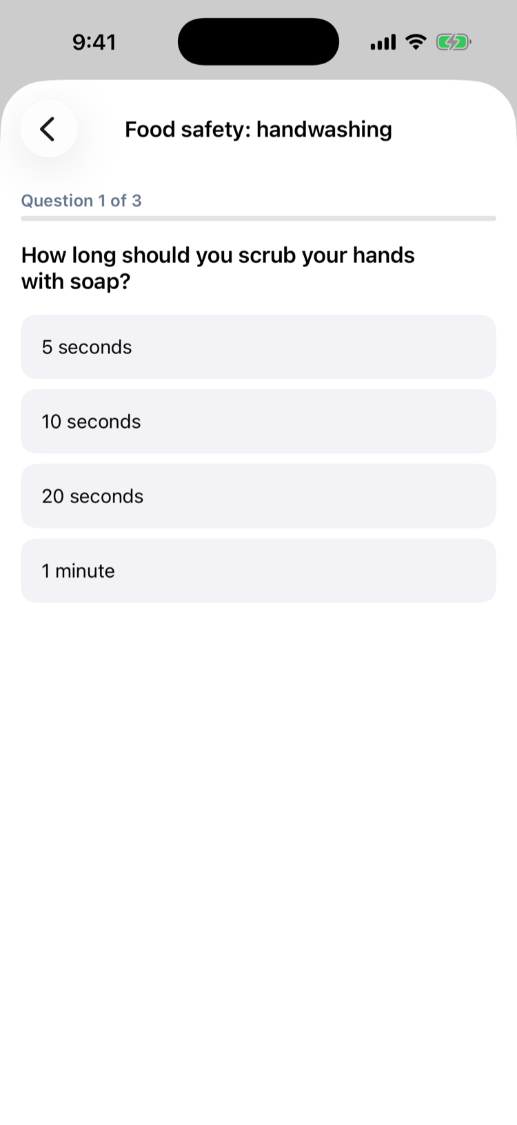 A quiz on iPhone: Food safety: handwashing, Question 1 of 3, How long should you scrub your hands with soap?, with the answers 5 seconds, 10 seconds, 20 seconds and 1 minute