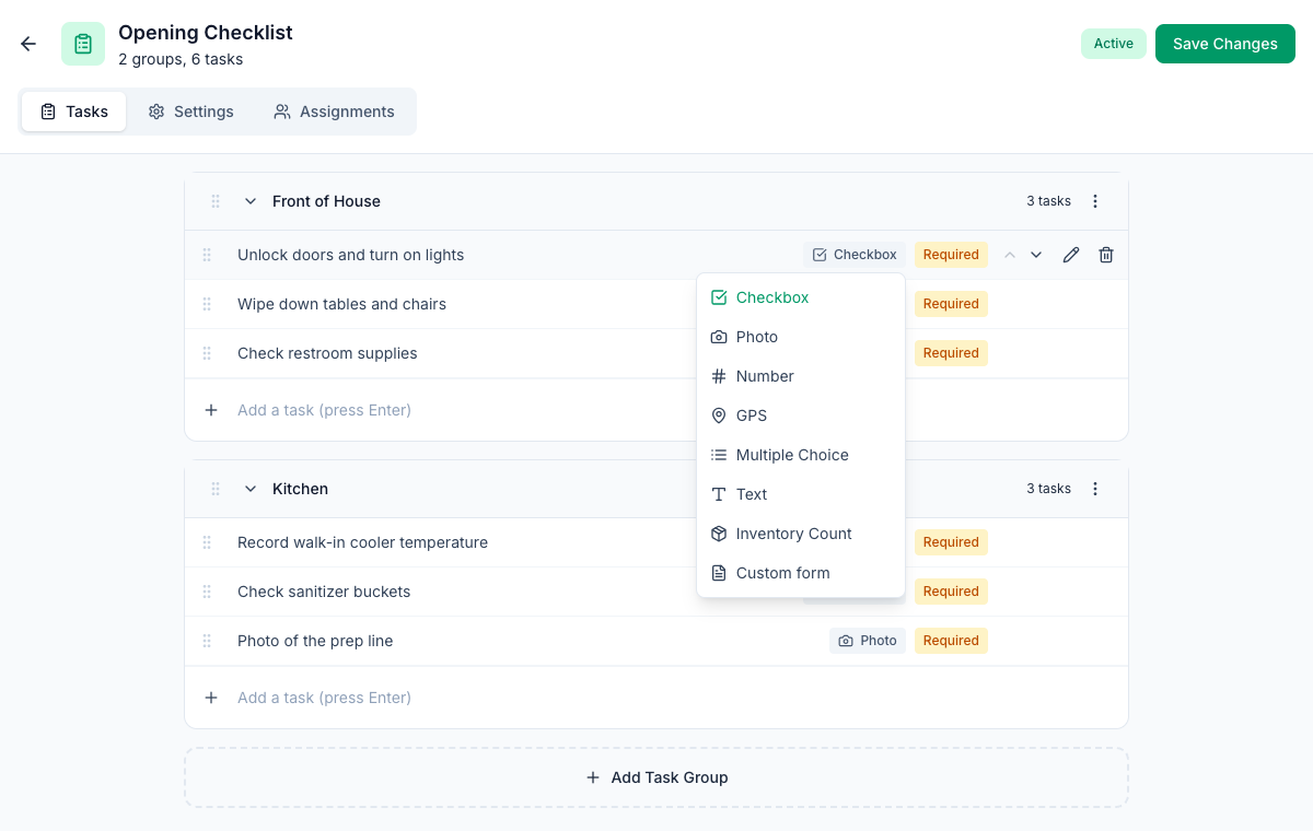 A checklist template's Tasks tab on the web with the answer-type list open next to a task: Checkbox, Photo, Number, GPS, Multiple Choice, Text, Inventory Count and Custom form