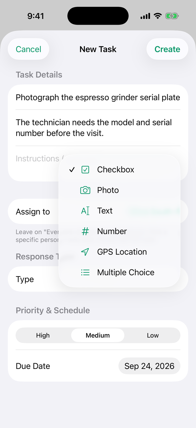 The Response Type list on the iPhone New Task screen: Checkbox, Photo, Text, Number, GPS Location and Multiple Choice