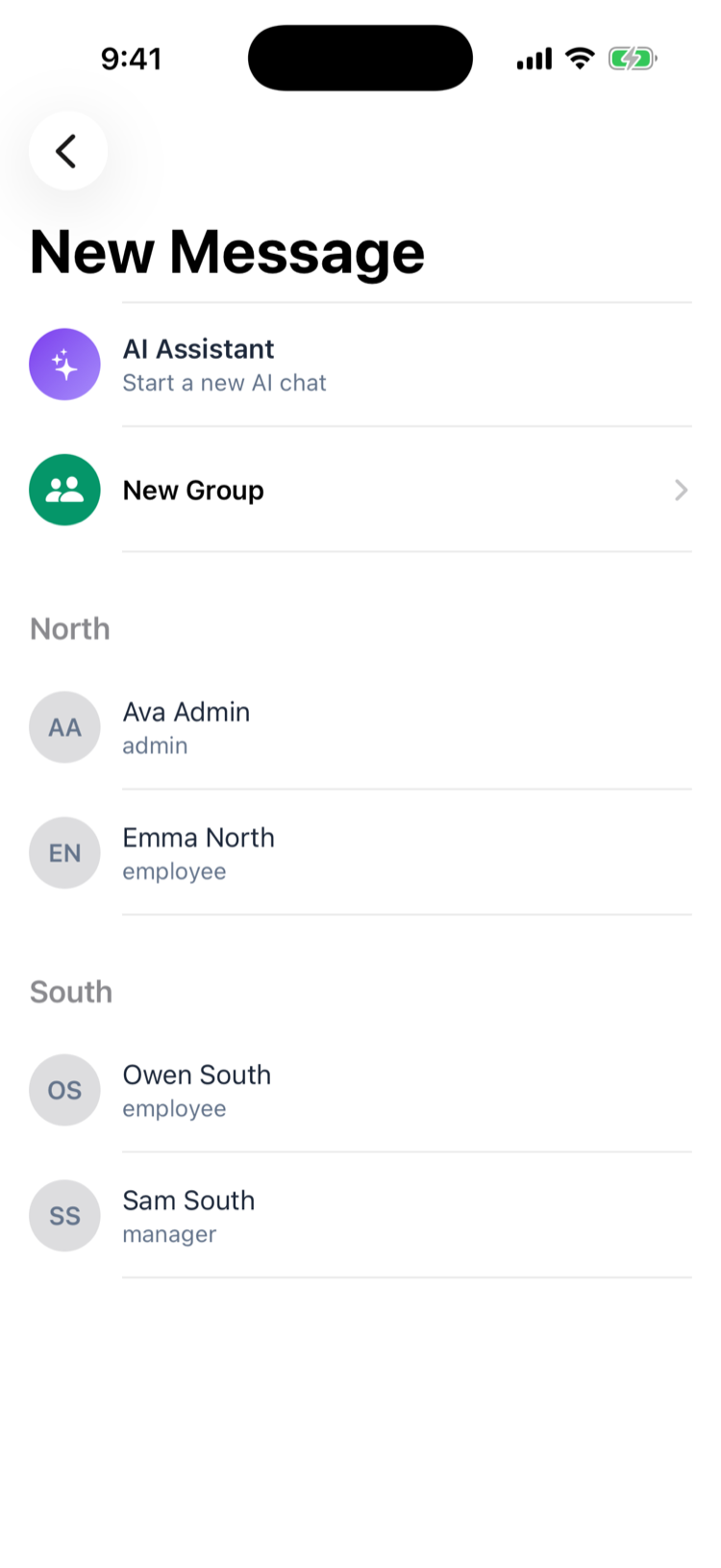 The New Message screen with AI Assistant — Start a new AI chat, New Group, and the contacts listed under North (Ava Admin, admin; Emma North, employee) and South (Owen South, employee; Sam South, manager)