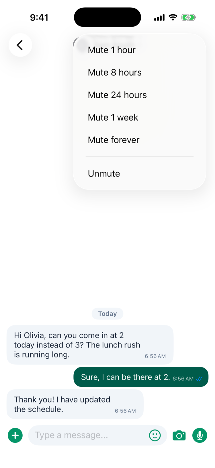 The conversation menu open with Mute 1 hour, Mute 8 hours, Mute 24 hours, Mute 1 week, Mute forever and Unmute