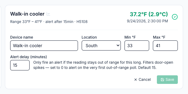 The Walk-in cooler thermometer open for editing: Device name Walk-in cooler, Location South, Min 33 and Max 41 °F, and Alert delay 15 minutes with the explanation that it filters door-open spikes