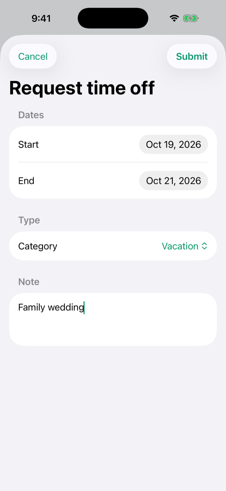 The Request time off screen on iPhone with Start Oct 19, 2026, End Oct 21, 2026, Category Vacation, the note Family wedding, and the Cancel and Submit buttons