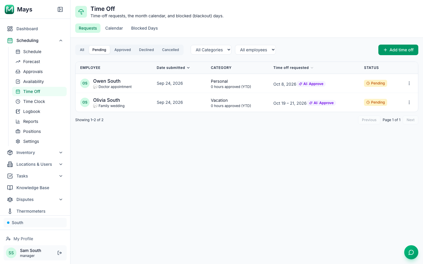 The Time Off page on the Requests tab filtered to Pending: Owen South's Personal request for Oct 8, 2026 and Olivia South's Vacation request for Oct 19 – 21, 2026, each with an AI: Approve tag and a Pending status