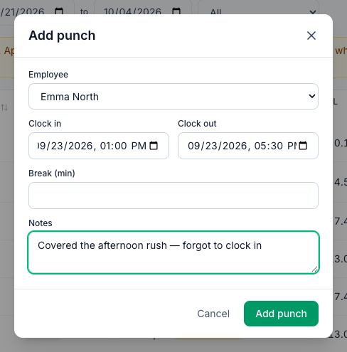 The Add punch window with Employee Emma North, Clock in 09/23/2026 01:00 PM, Clock out 09/23/2026 05:30 PM, an empty Break (min), the note Covered the afternoon rush — forgot to clock in, and the Add punch button