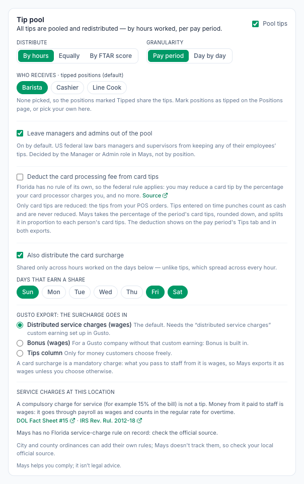 The Tip pool card for South with Pool tips on, Distribute By hours, Granularity Pay period, Who receives · tipped positions (default) with Barista highlighted, Leave managers and admins out of the pool ticked, Deduct the card processing fee from card tips unticked with the note that Florida has no rule of its own so the federal rule applies, Also distribute the card surcharge ticked with Fri, Sat and Sun as the days that earn a share, Gusto export: the surcharge goes in with Distributed service charges (wages) selected over Bonus (wages) and Tips column, and Service charges at this location with the federal rule, its links and Mays has no Florida service-charge rule on record