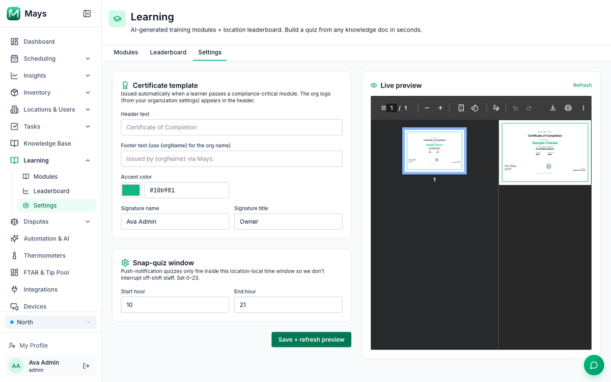 Learning Settings: the Certificate template with Signature name Ava Admin and Signature title Owner, the Snap-quiz window with Start hour 10 and End hour 21, the Save + refresh preview button, and the Live preview of the certificate on the right