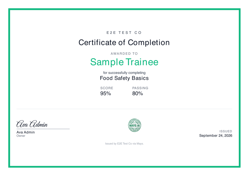 A sample certificate: E2E TEST CO, Certificate of Completion, awarded to Sample Trainee for successfully completing Food Safety Basics, Score 95%, Passing 80%, signed Ava Admin, Owner, with the Mays AI seal and Issued September 24, 2026