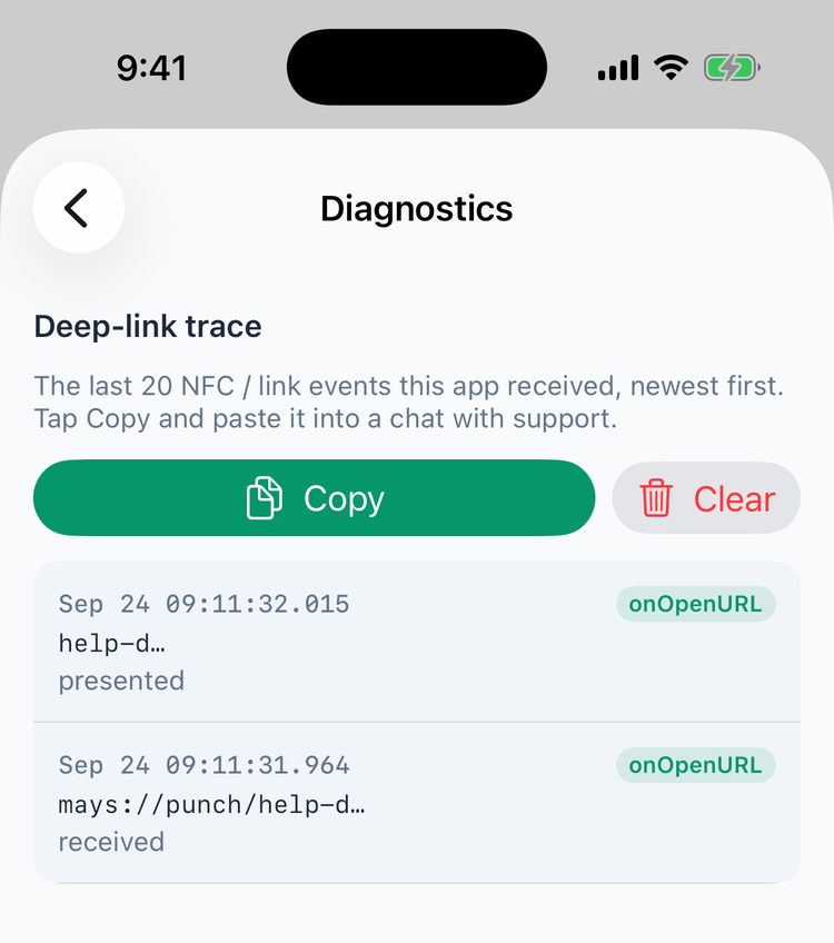 Diagnostics on iPhone: the Deep-link trace with the last NFC and link events, Copy and Clear buttons, and two events marked onOpenURL, received and presented