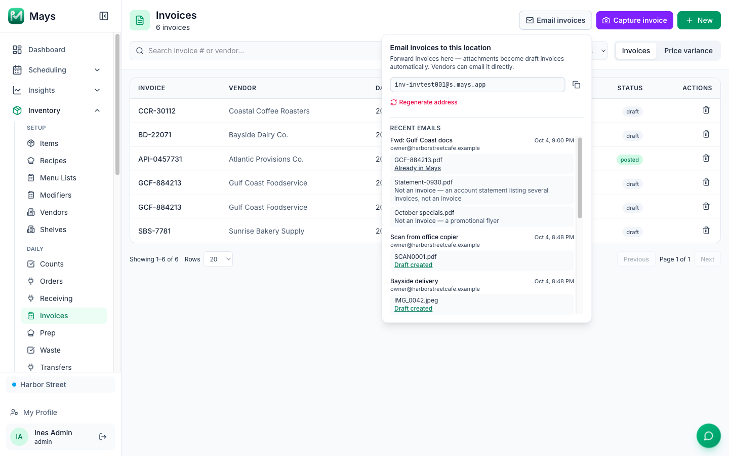 The Invoices page with the Email invoices panel open: Email invoices to this location, the location's inv- address with a copy button and Regenerate address, and Recent emails listing each email's attachments with what happened to them, next to the Capture invoice and New buttons and a list with one posted invoice