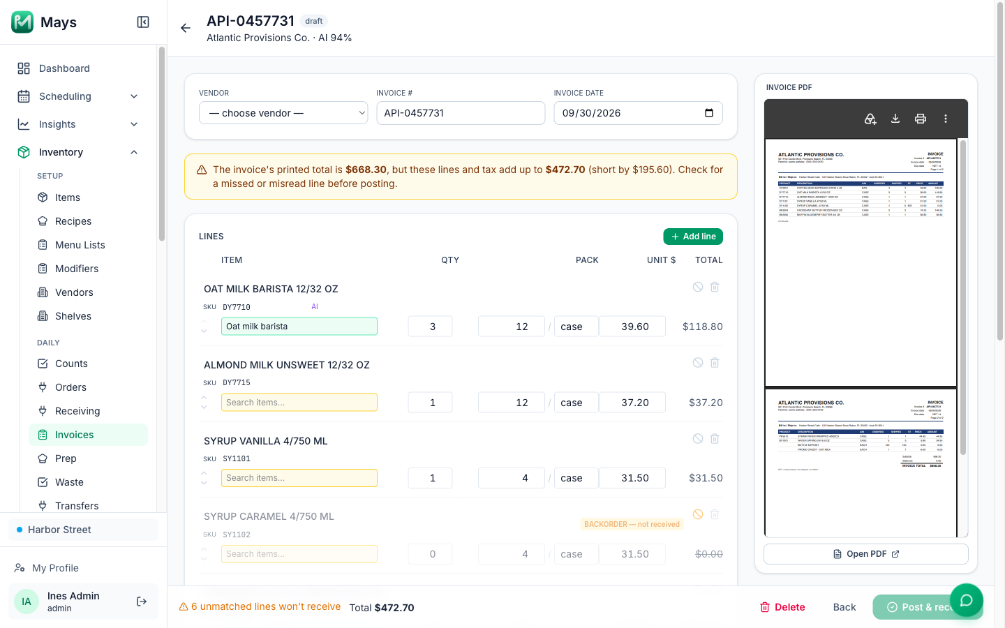 A draft invoice API-0457731 with the yellow note: the invoice's printed total is $668.30, but these lines and tax add up to $472.70 (short by $195.60)