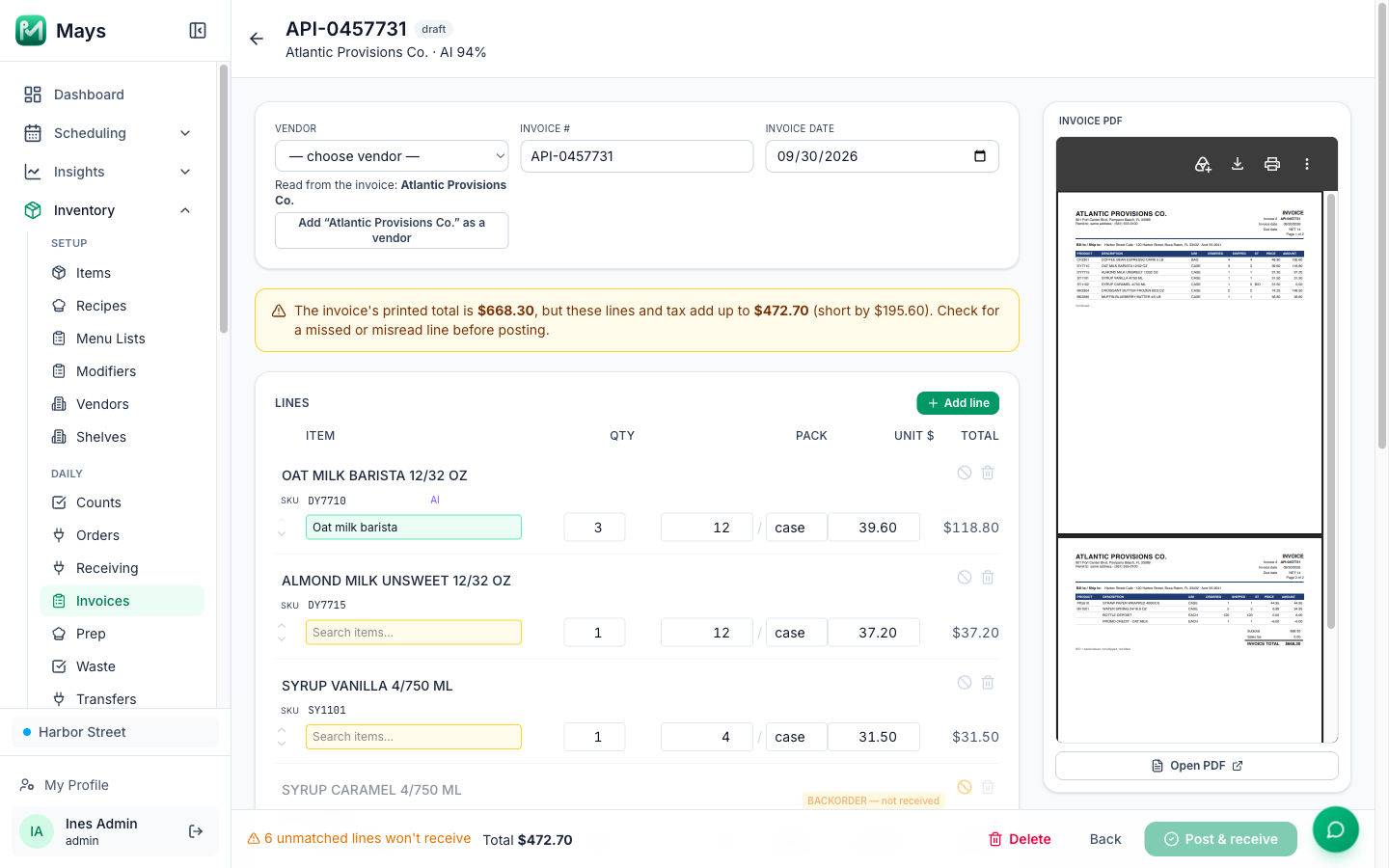 The Vendor field of draft API-0457731 set to choose vendor, with Read from the invoice: Atlantic Provisions Co. and the button Add "Atlantic Provisions Co." as a vendor
