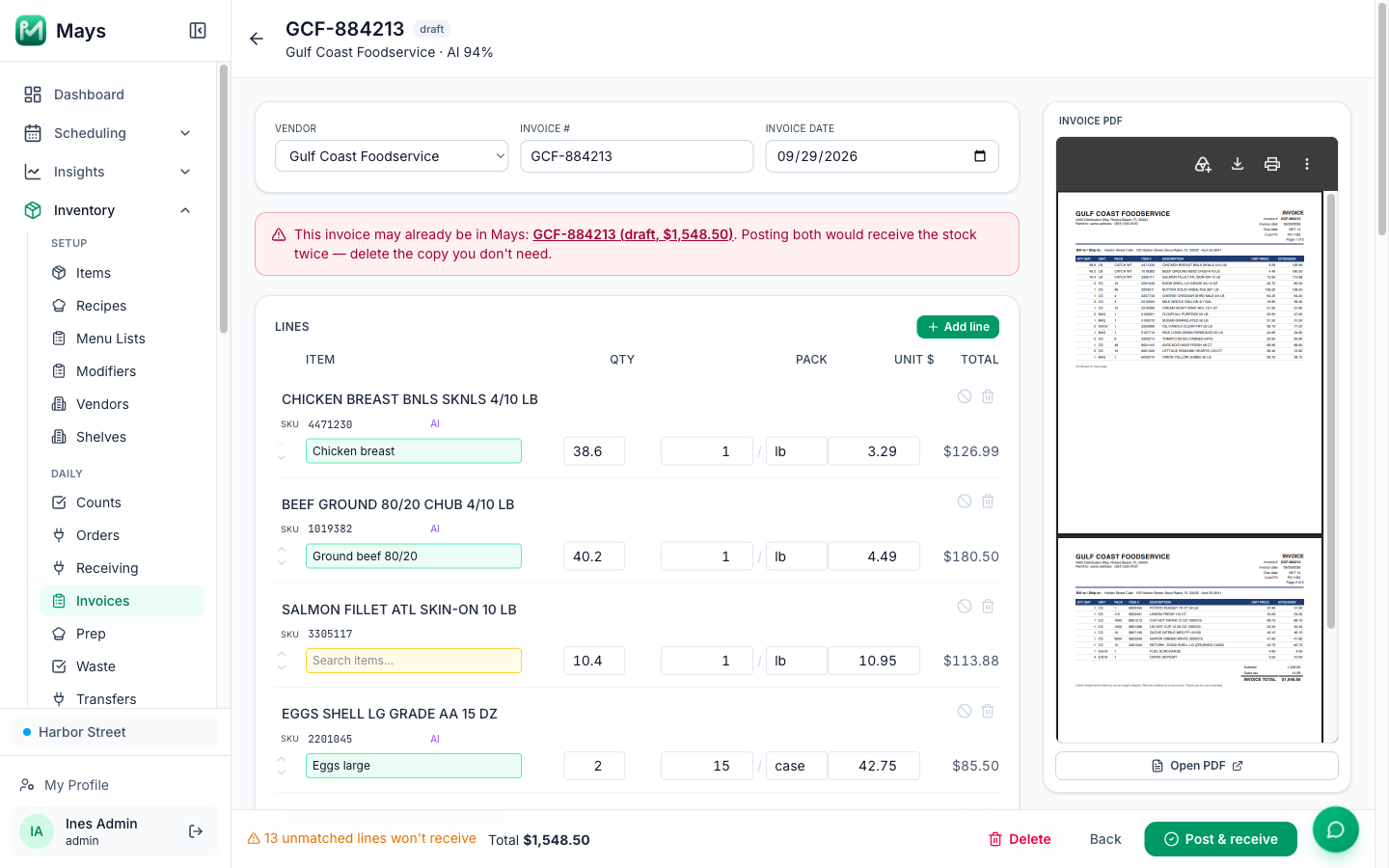 A draft GCF-884213 from Gulf Coast Foodservice with the red note: This invoice may already be in Mays: GCF-884213 (draft, $1,548.50). Posting both would receive the stock twice — delete the copy you don't need