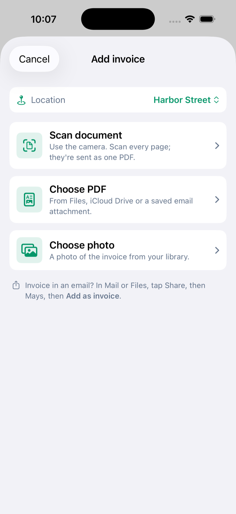 Add invoice on iPhone: the Location (Harbor Street) and three choices, Scan document, Choose PDF and Choose photo, with a tip to share invoices from Mail or Files