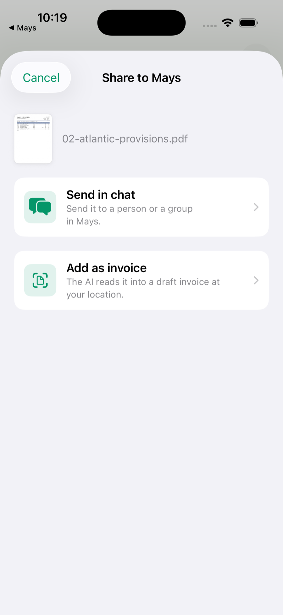 The Share to Mays screen for a PDF shared from Files: 02-atlantic-provisions.pdf with the two choices Send in chat and Add as invoice