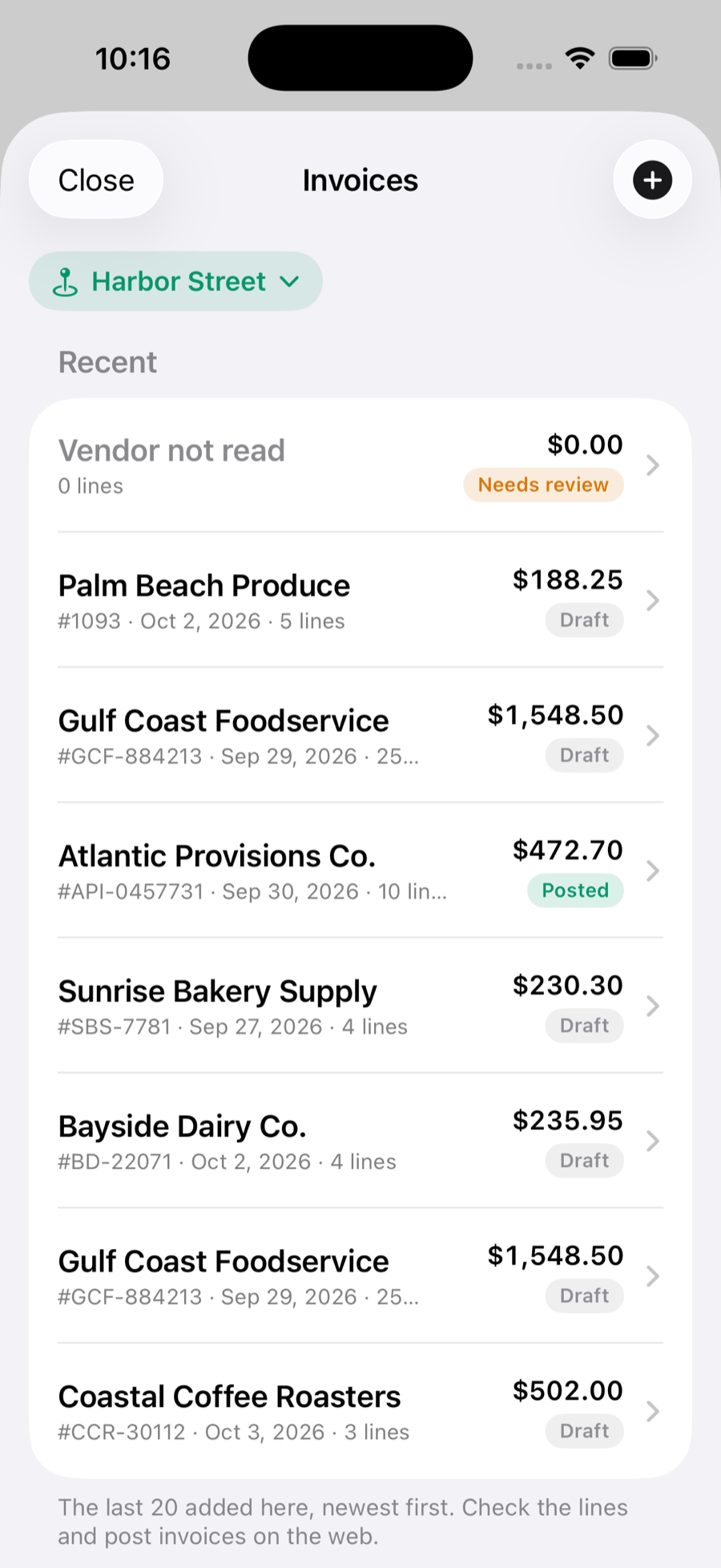 The Invoices list on iPhone for Harbor Street: a draft that needs review, then Palm Beach Produce, Gulf Coast Foodservice, Atlantic Provisions Co. (Posted) and others, each with its invoice number, date, line count, total and status