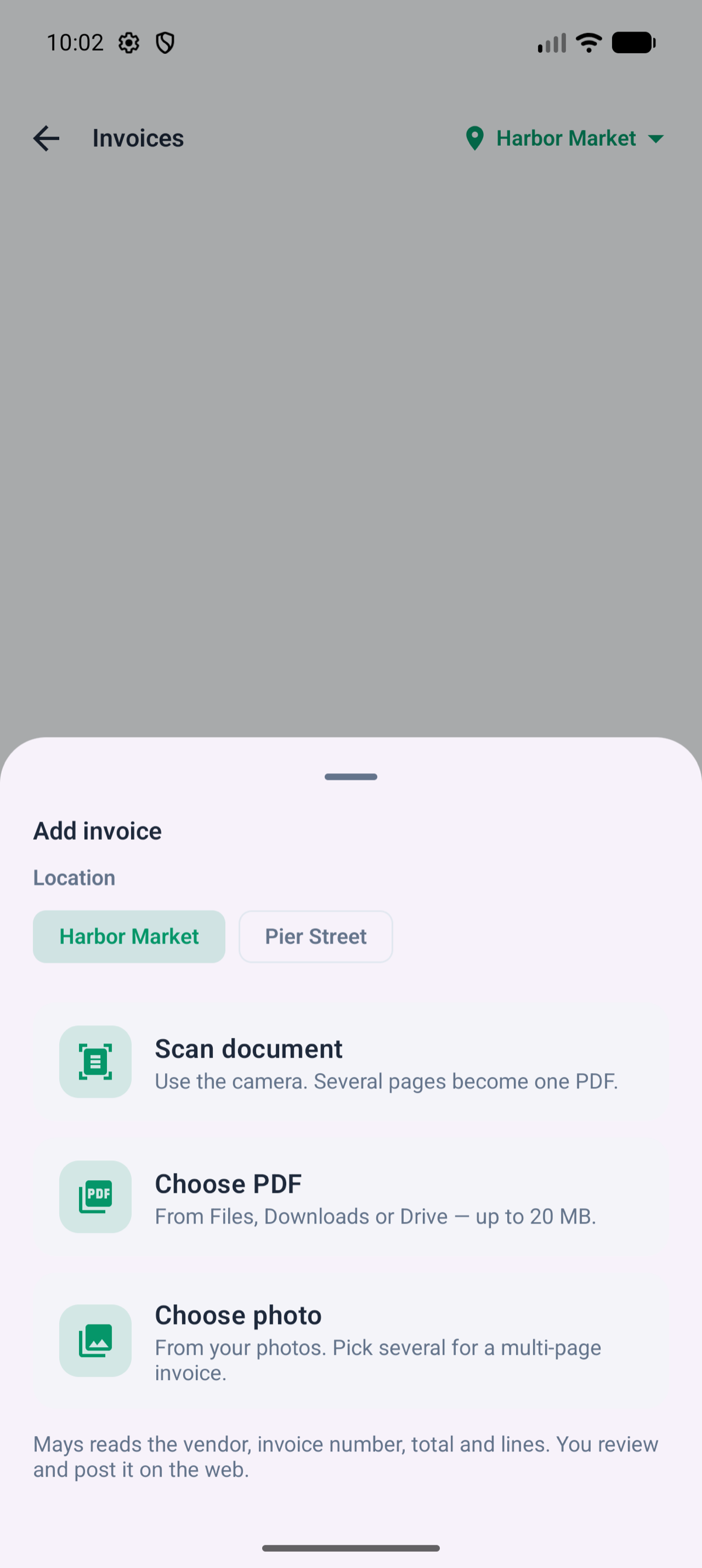 Add invoice on Android: Location chips for Harbor Market and Pier Street, then Scan document, Choose PDF and Choose photo, and a note that Mays reads the vendor, invoice number, total and lines