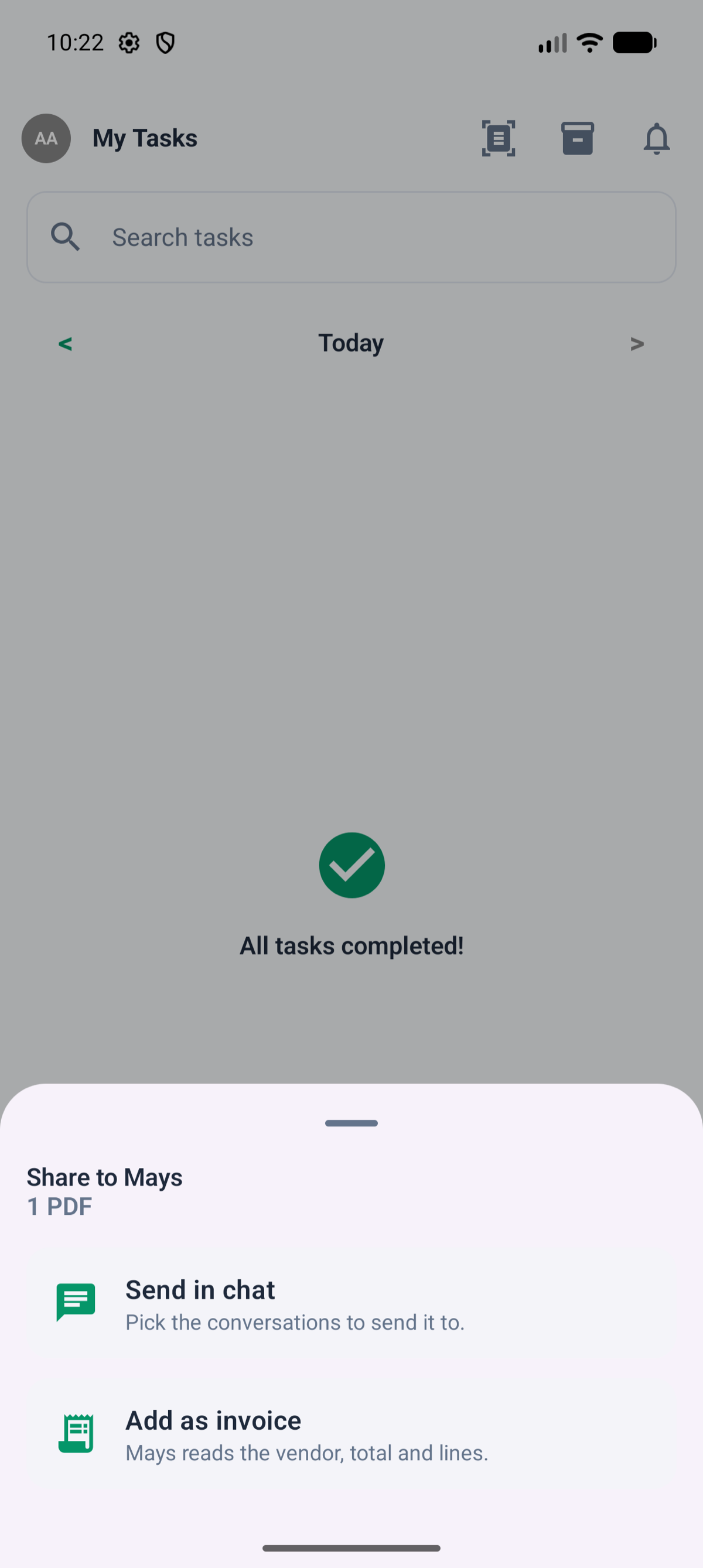 Share to Mays on Android for one PDF: Send in chat or Add as invoice